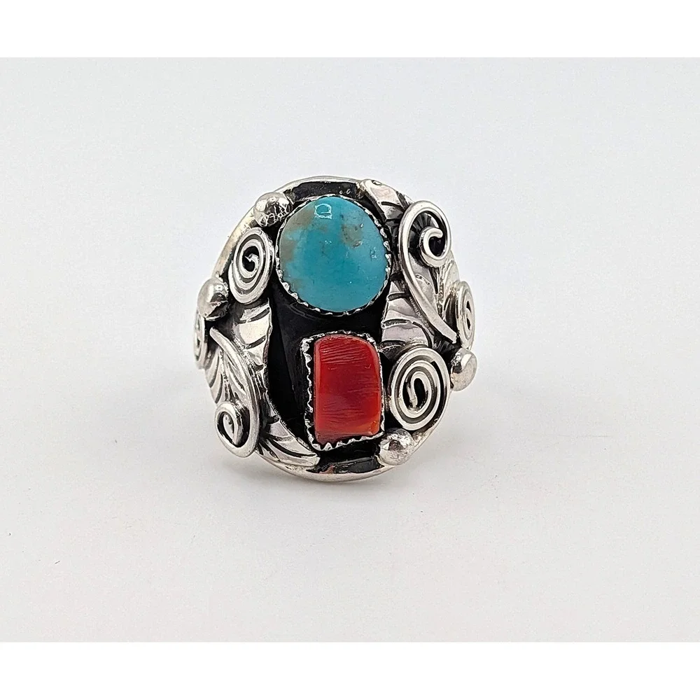 Navajo Men's Ring Sterling Turquoise Coral by Lorena Brown‎ 10.5 Southwest **